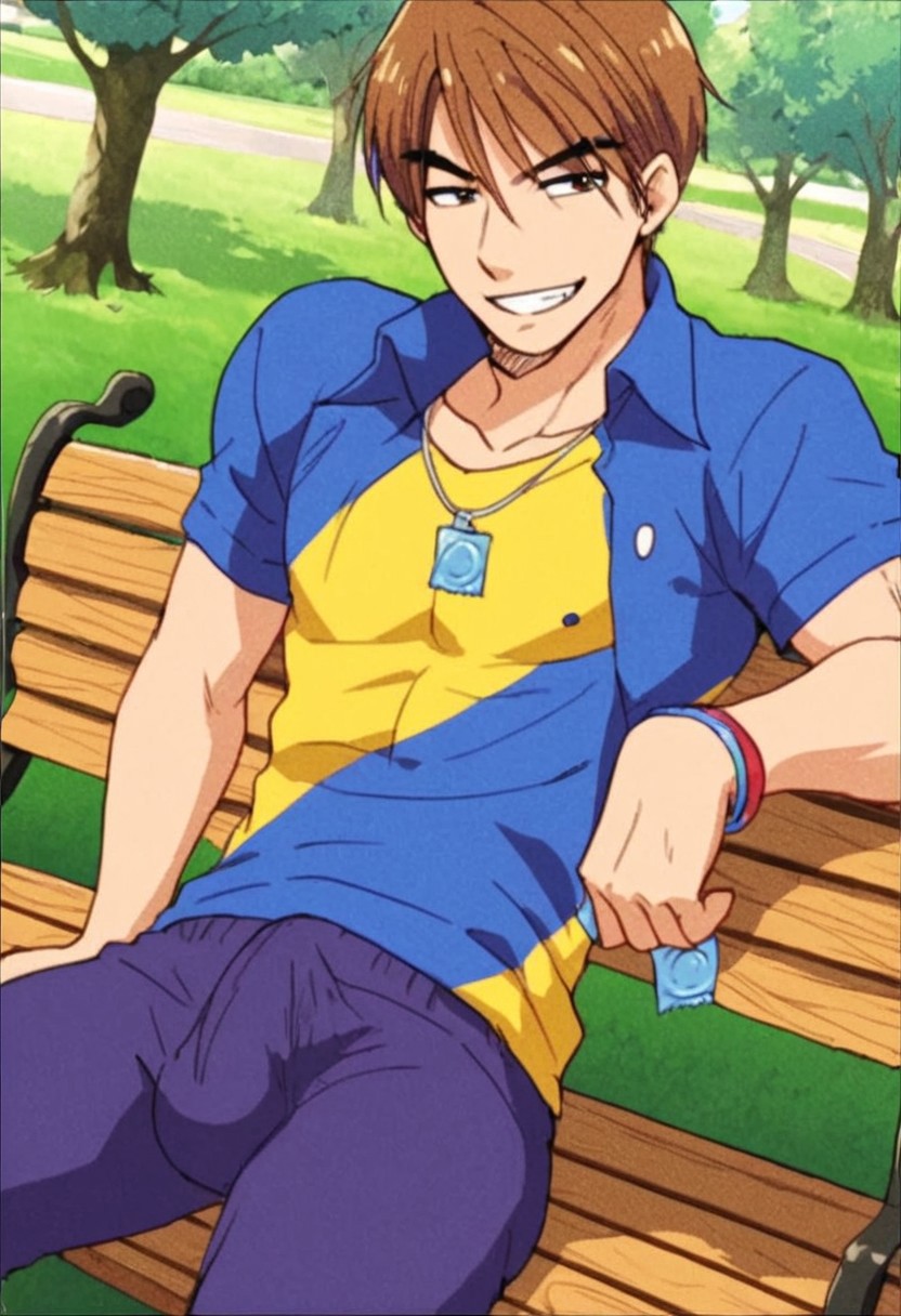 score_9, score_8_up, score_7_up, anime_source, official artstyle, anime screencap, highly detailed, 1boy, perfect composition, good shading, male focus, 1boy, solo, outdoors, park, sitting on bench, smug grin, box of condoms in hands, penis visible through pants, bulge, erection, ozaki guy, brown hair, short hair, male focus, solo,