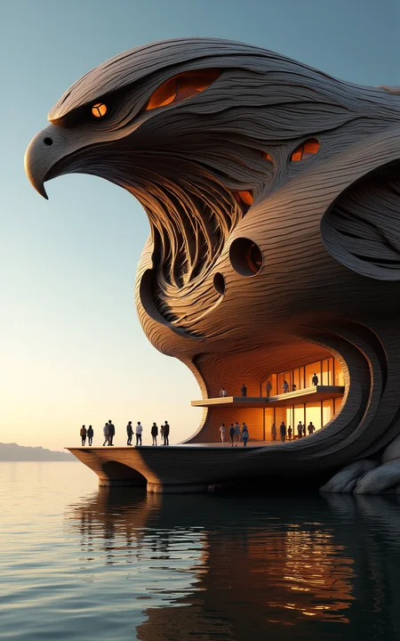 YFG-Liqd, A photo-realistic rendering of a futuristic building resembling an eagle, set against a clear blue sky. the building is situated on a calm body of water, with the sun setting behind it, casting a warm glow on its curved wooden structure that resembles a eagle's head and beak. the structure has multiple levels, with people walking on it, creating a sense of movement and interaction. the lighting is soft and warm, highlighting the curves of the structure and the reflective surface of the water. the overall effect is one of serenity and tranquility, making the building stand out even more.