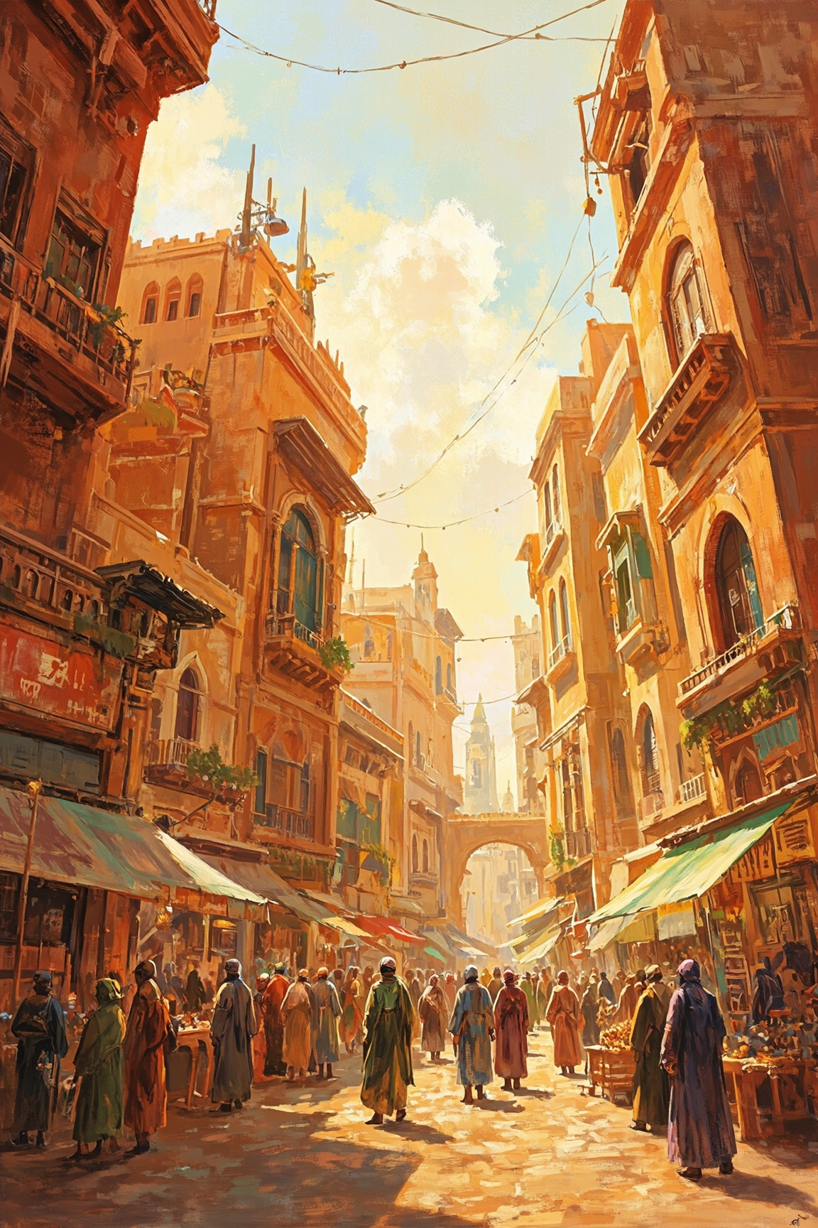 This abstract painting by artist Kuroki depicts a bustling, futuristic market scene with a warm, ambient light. The composition uses leading lines, guiding the viewer's eye through the narrow alleyway filled with diverse, tall buildings. The color palette is predominantly warm tones of orange, yellow, and brown, with hints of cool blues and greens. The sky is a gradient of soft pastels, indicating either sunrise or sunset. The background is slightly blurred, creating a shallow depth of field that emphasizes the foreground action. The market is crowded with people in various attire, including robes and headscarves, suggesting a Middle Eastern or North African influence. The buildings are adorned with intricate architectural details, including arches and balconies. The lighting appears to be a mix of natural and artificial sources, enhancing the vibrant, almost glowing atmosphere. The brushstrokes are dynamic and textured, giving the image a lively, almost painterly quality.,HD32K,hyperdetailed,best quality,