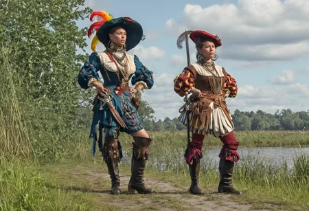 realistic, movie scene, 8K, 1girl, , massive breasts, shapely, closeup view,  dramatic action, dynamic angle, closeup, motley, multicolor, multiple girls, boots,hat, jewelry, plume, (armor:0.5),  sheath, weapon, holding harquebus, antique firearm, l4ndskn3cht,  outdoors, swamp, Dutch windmill in distance, <lora:landsknecht-SDXL:1> <lora:officialpit_style_xl_ilff:0.4> big breasts, dark-skinned male