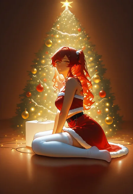 1girl, sitting, bare shoulders, red and black clothes,  white tights, christmas clothes, dark red hair, long wavy hair, looking at viewer, christmas tree, christmas decoration, side view, sitting,  christmas lights, masterpiece, highres, absurdres solo, score_9, score_8_up, score_7_up,  2d color, far camera, long shot