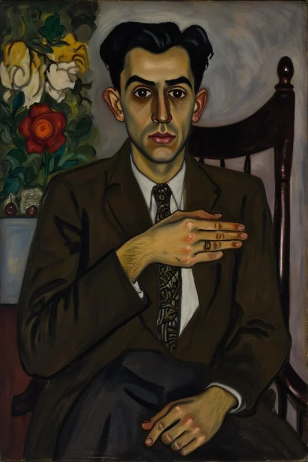 aliceneel1 painting.
A man with a slender build is seated in a dimly lit room. He is dressed in a dark brown suit, white shirt, and patterned tie. His dark hair is neatly combed back. His left hand is placed over his chest.
 <lora:aliceneel1_cap_d6a3e12:1.0><lora:842439216710315507:0>