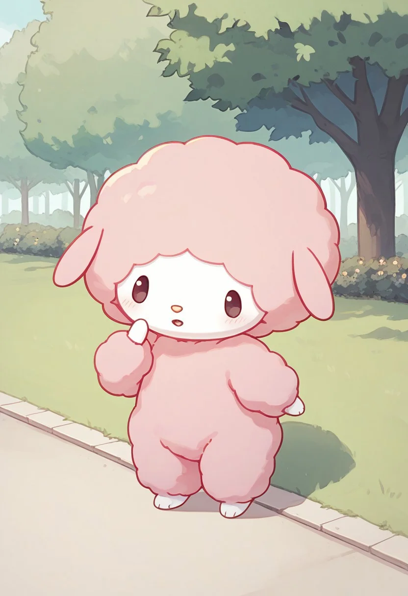 score_9, score_8_up, score_7_up, score_6_up, score_5_up, BREAK
sweet_piano, furry, female furry, solo, looking at viewer, blush, open mouth, standing, full body, :o, tree, no humans, park, body fur, pink fur, fluffy, white face