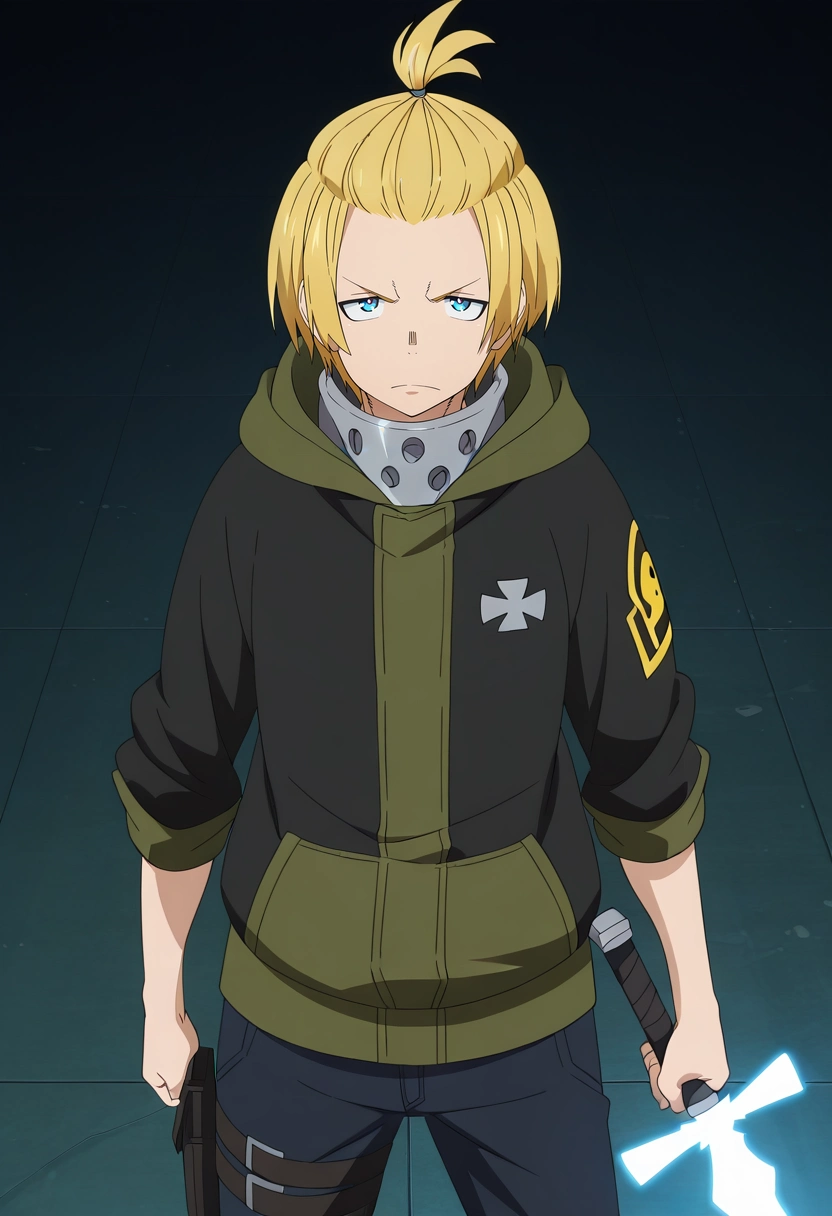 masterpiece, best quality, anime screencap, official style, anime coloring, cowboy shot, 1boy, solo, male focus, <lora:arthur_boyle_ilxl:0.94>, arthur_boyle, blonde hair, blue eyes, short hair, bangs pinned back, topknot, hood, holding sword, energy sword,