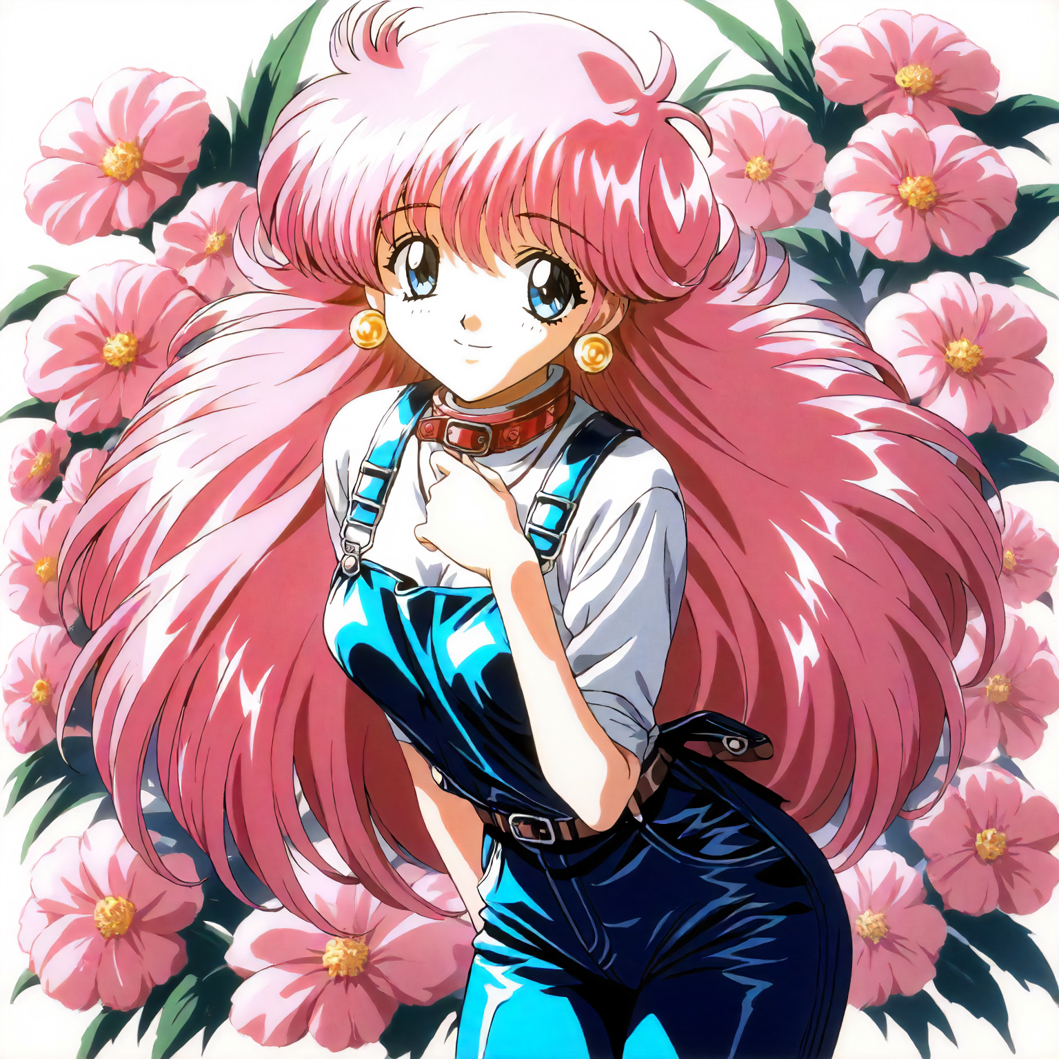 <lora:RC_sill_plainXLanimagine001>,
masterpiece,high score,great score,absurdres,
flower background,glitter,
smile,
looking at viewer,
solo,
anime coloring,retro artstyle,1990s (style),
sill_plain\(rance_series\),1girl,pink hair,long hair,blue eyes,earrings,
cowboy shot,standing,
overalls,
