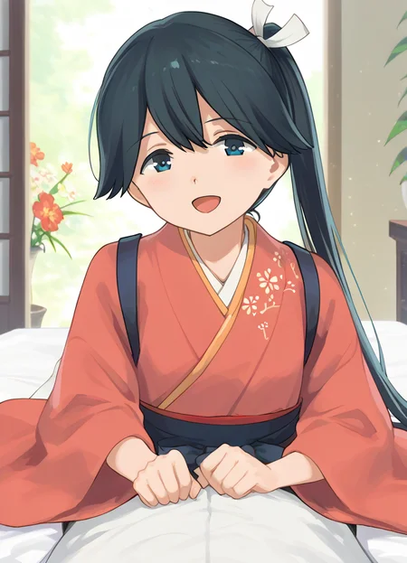 score_9, score_8_up, score_7_up, masterpiece, best quality, absurdres, official art, official style, (anime screencap, megami magazine:1.2), zPDXL2, zPDXLxxx, <lora:Shibafu_Style_Pony_v1:0.8>, 1girl, solo focus, shibafu_style, <lora:houshou.pony:0.8>, houshou, def, blue eyes, black hair, very long hair, side ponytail, hair ribbon, white ribbon, kimono, hakama, <lora:neg4all_bdsqlsz_xl_V91:1.0> <lora:ALTXL_pony_0061_8:2.0>, <lora:detailed_hands-000002:1>, hand, (nude:-1.2), (completely nude:-1.2), bedroom, on bed, bed sheet, evening, sunset, dim lighting, light particles, on stomach, pov open eyes, open mouth, smile, looking at viewer,