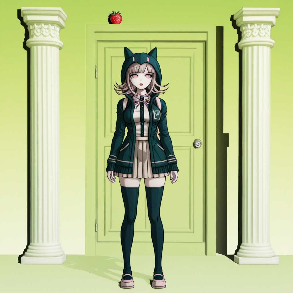 masterpiece, best quality, absurdres, <lora:Danganronpa_Locations:1>,  danganronpa sprite style, danganronpa_sprite_style , <lora:Chiaki_Nanami_Illustrious:0.2>,danganronpa_(series), danganronpa_2:_goodbye_despair, nanami_chiaki,1girl, breasts, brown_hair, collared_shirt, flipped_hair, hair_ornament,hood, jacket, long_sleeves, medium_hair, neck_ribbon, open_clothes, open_jacket, pink_eyes, pink_ribbon, pleated_skirt, ribbon, shirt, skirt, solo, spaceship_hair_ornament, thighhighs, white_shirt, shoes, pink_shoes , abstract,green_background,strawberry,door,columns,glowing,bright,soft_lighting,gradient_background,3d_art,fruit_themed,mystical,minimalistic,simple_scene,bright_colors,tomato_strawberry,ambient_lighting,cartoon_style,modern_art,vibrant_colors,visual_effects,danganronpa,danganronpa_(series),danganronpa_2:_goodbye_despair,danganronpa 2,danganronpa sprite style,danganronpa_sprite_style