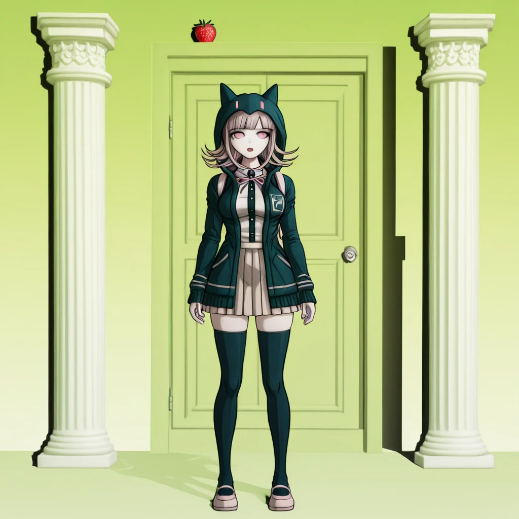 masterpiece, best quality, absurdres, <lora:Danganronpa_Locations:1>,  danganronpa sprite style, danganronpa_sprite_style , <lora:Chiaki_Nanami_Illustrious:0.2>,danganronpa_(series), danganronpa_2:_goodbye_despair, nanami_chiaki,1girl, breasts, brown_hair, collared_shirt, flipped_hair, hair_ornament,hood, jacket, long_sleeves, medium_hair, neck_ribbon, open_clothes, open_jacket, pink_eyes, pink_ribbon, pleated_skirt, ribbon, shirt, skirt, solo, spaceship_hair_ornament, thighhighs, white_shirt, shoes, pink_shoes , abstract,green_background,strawberry,door,columns,glowing,bright,soft_lighting,gradient_background,3d_art,fruit_themed,mystical,minimalistic,simple_scene,bright_colors,tomato_strawberry,ambient_lighting,cartoon_style,modern_art,vibrant_colors,visual_effects,danganronpa,danganronpa_(series),danganronpa_2:_goodbye_despair,danganronpa 2,danganronpa sprite style,danganronpa_sprite_style