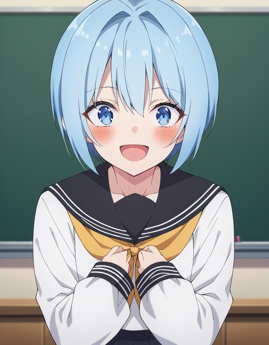 score_9, score_8_up, score_7_up, source_anime, <lora:dimensionalseduction-nonoa-s1-ponyxl-lora-nochekaiser_r1:1>, nonoa, short hair, blue eyes, blue hair, mature female, skirt, shirt, long sleeves, school uniform, pleated skirt, serafuku, black skirt, sailor collar, neckerchief, black sailor collar, yellow neckerchief,, classroom, desks, chalkboard, students, teacher, smile, <lora:x-arms-ponyxl-lora-nochekaiser:1>, x arms, blush, open mouth, leaning forward,, looking at viewer, solo,, dutch angle, cowboy shot
