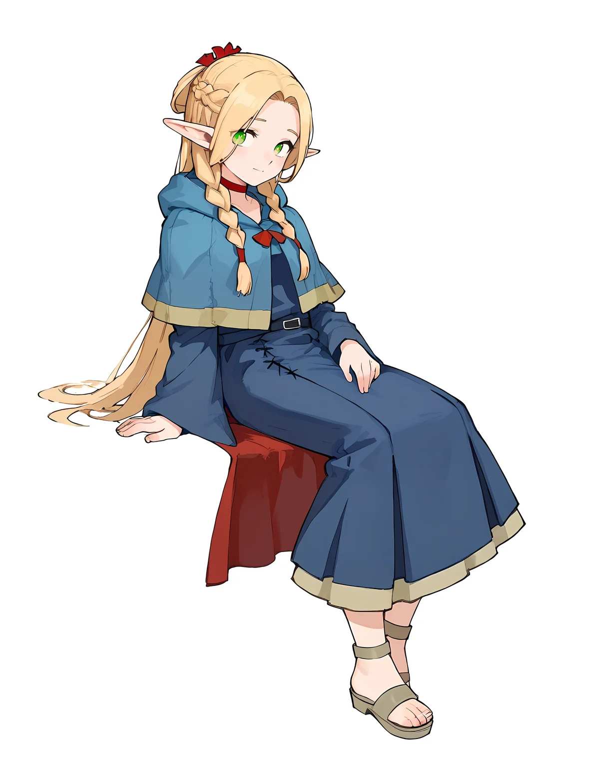 <lora:Marcille:1>marcille-donato, 1girl, solo, simple background,
french braid, twin braids, half updo,
blue hooded capelet, red choker, blue robe, sandals