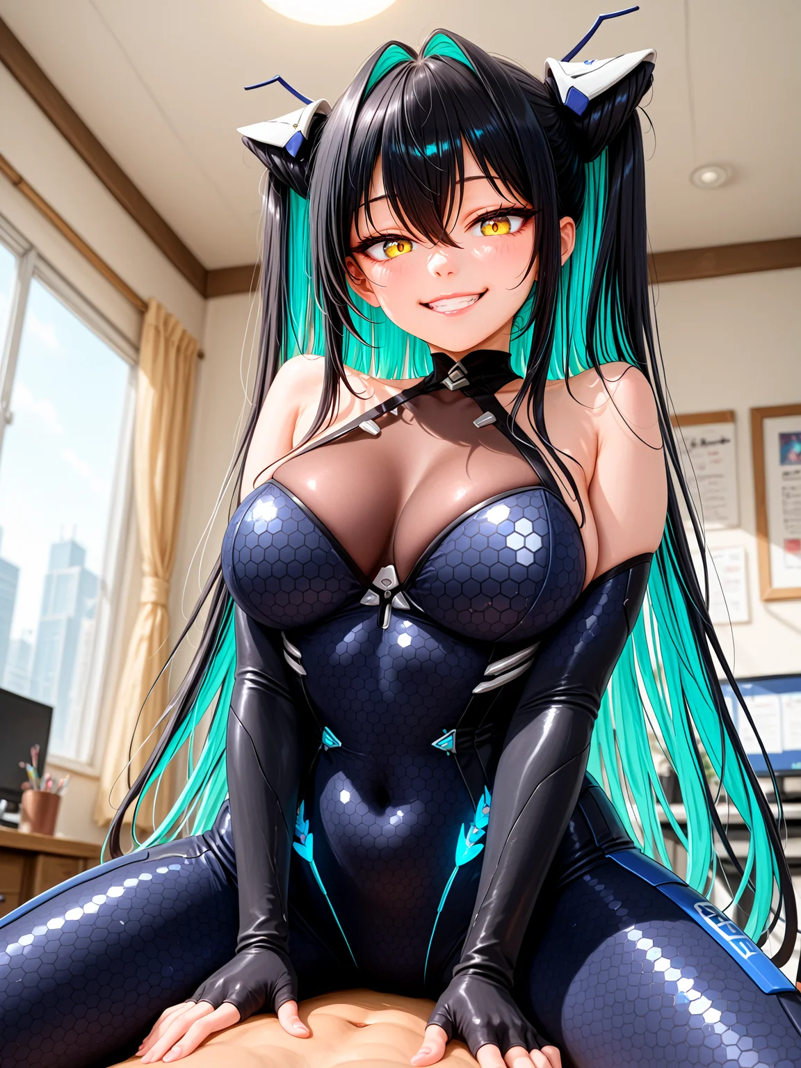 1girl, solo focus, sirenlittlemermaidnikke, very long hair, hair intakes, twintails, hair between eyes, multicolored hair, colored inner hair, two-tone hair, black hair, aqua hair, yellow eyes, large breasts, BREAK,
black bodysuit, backless bodysuit, halterneck, covered navel, bare shoulders, gloves, hexagon print, honeycomb \(pattern\), honeycomb print, <lora:Little_Mermaid_Siren:1>, BREAK,
smile, looking at viewer, looking down, grin, cowgirl position, girl on top, straddling, BREAK,
1boy, pov crotch, clothed female nude male, BREAK,
from below, indoors, office