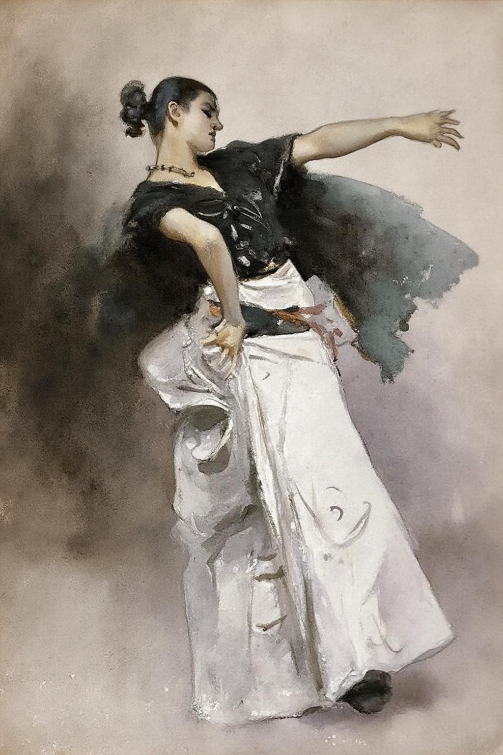 johnsingersargent3 painting
A flamenco dancer, her hair styled in a bun, is in a traditional dance pose wearing a black top with intricate designs and a flowing white skirt. Her right arm is extended forward and her left arm is bent at the elbow. The background is abstract with a blend of light and dark shades. <lora:johnsingersargent3_cap_d8a4e12:1.0><lora:859932063367737401:0>