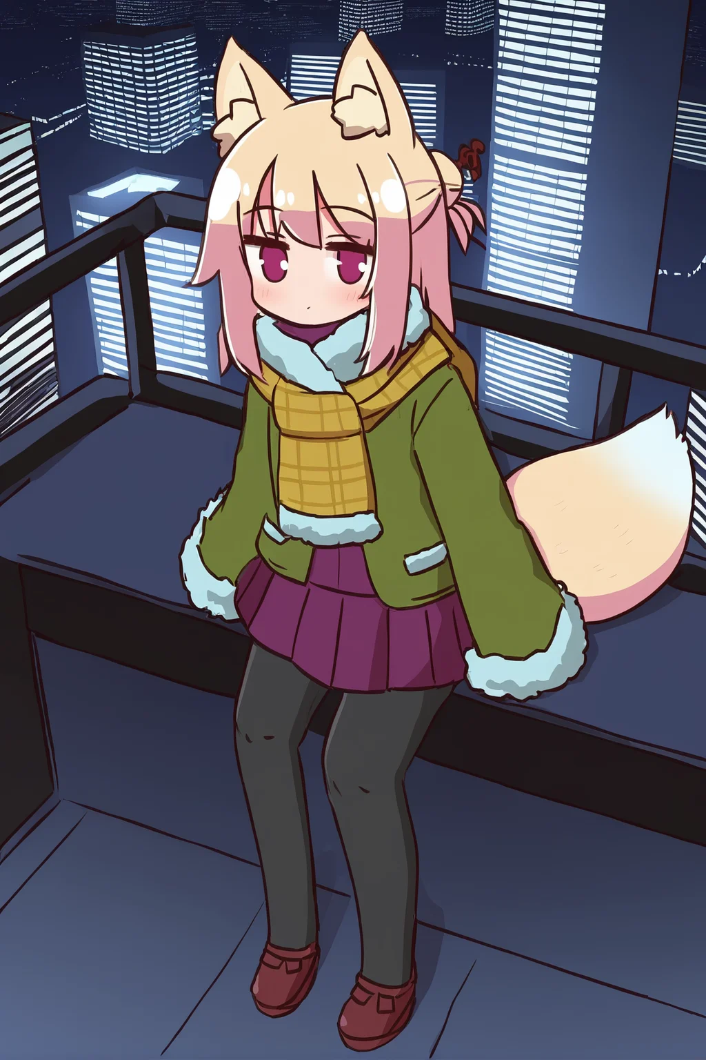 <lora:kemomimi_xl_lion:1>kemomimi,1girl, fox girl,single hair bun,JK uniform,1girl,from above,distant view,broad vision,
sitting,looking at viewer,smile,detailed face,
In the midst of a bustling cityscape,
The skyscrapers below her,
She sat on the roof of the tall building,
The girl and the building and the sky make an amazing picture,
The sun is on the horizon,
dusk,solo, skirt, pantyhose, scarf, black pantyhose, pleated skirt, green jacket, single hair bun, fur trim, long sleeves, night, fox tail, jacket, blonde hair, looking at viewer, plaid, blush, profile, mittens, fringe trim, purple skirt, brown scarf, red skirt, border, fur-trimmed sleeves,  yellow scarf,