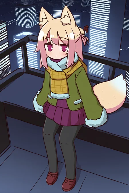 <lora:kemomimi_xl_lion:1>kemomimi,1girl, fox girl,single hair bun,JK uniform,1girl,from above,distant view,broad vision,
sitting,looking at viewer,smile,detailed face,
In the midst of a bustling cityscape,
The skyscrapers below her,
She sat on the roof of the tall building,
The girl and the building and the sky make an amazing picture,
The sun is on the horizon,
dusk,solo, skirt, pantyhose, scarf, black pantyhose, pleated skirt, green jacket, single hair bun, fur trim, long sleeves, night, fox tail, jacket, blonde hair, looking at viewer, plaid, blush, profile, mittens, fringe trim, purple skirt, brown scarf, red skirt, border, fur-trimmed sleeves, yellow scarf,