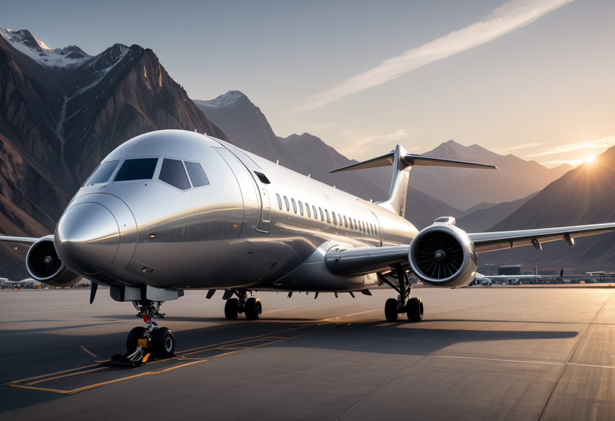 (medium full shot) of (robust large silver airplane) with carbon-fiber fuselage, turboprop engines, multiple decks, metallic accents, set in  descending towards a mountain airport, the runway surrounded by rugged terrain, during sunset, ,Masterpiece,best quality, photo, realistic, very aesthetic