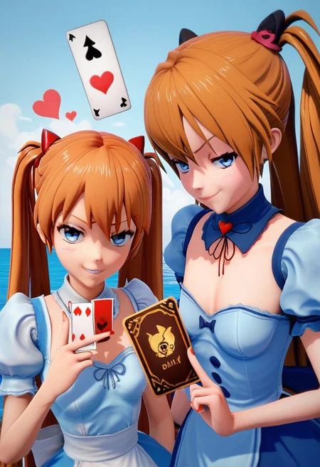 score_9, score_8_up, score_7_up, 2girls, alice in wonderland style, Asuka Langley, blue dress, detached collar, Queen of Hearts, holding card, smug grin, 3d \(artwork\), ami arakawa