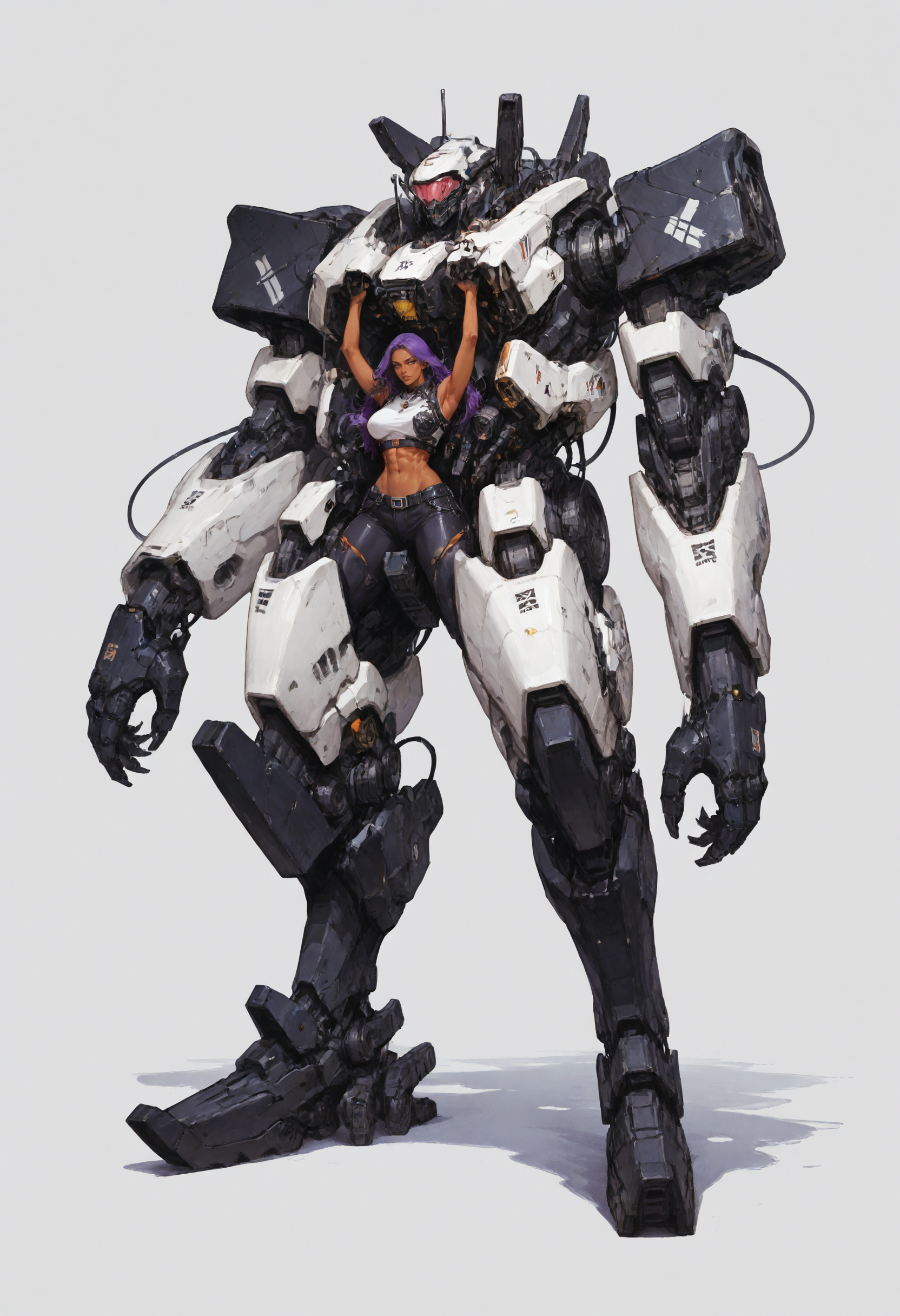 score_9, score_8_up, score_7_up score_9, score_8_up, score_7_up, score_6_up, score_5_up, score_4_up,
<lora:MechPilot:0.7> m3chp1l0t, mech,
1girl, purple hair, white background, long hair, dark skin, crop top, black footwear, dark-skinned female, simple background, solo, claws, black armor, animal mech,