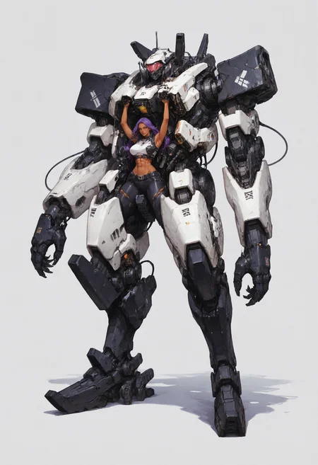 score_9, score_8_up, score_7_up score_9, score_8_up, score_7_up, score_6_up, score_5_up, score_4_up,
<lora:MechPilot:0.7> m3chp1l0t, mech,
1girl, purple hair, white background, long hair, dark skin, crop top, black footwear, dark-skinned female, simple background, solo, claws, black armor, animal mech,
