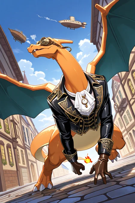 masterpiece, best quality,   <lora:CharizardPokedexIXL:1.0>,   no humans, solo, dynamic pose,  Charizard wearing Victorian-style clothing, brass goggles, leather gloves, pocket watch, gears and cogs, steam-powered machinery, cobblestone street, airship