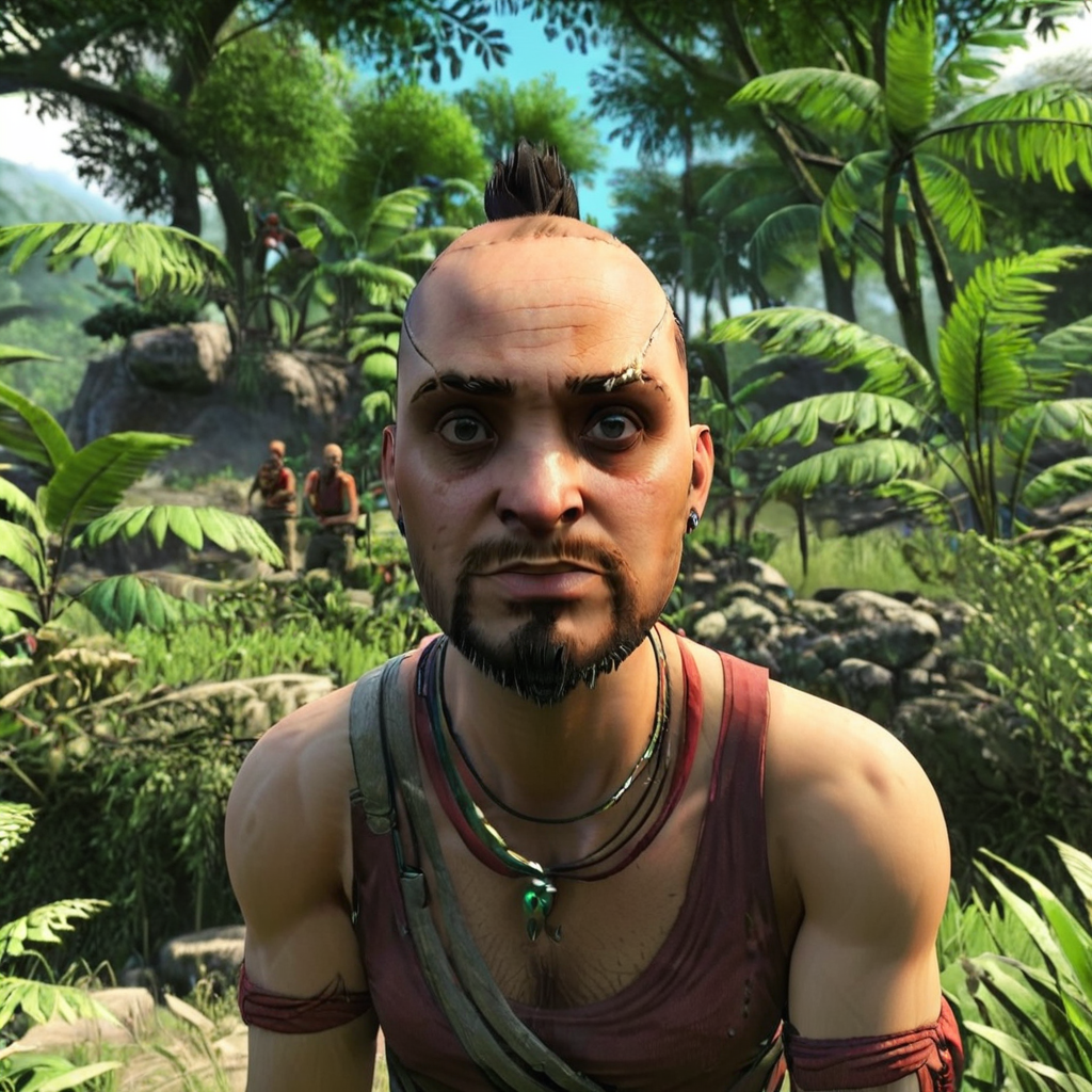 masterpiece,8k,absurd resolution, <lora:farcry_xl:0.81>,
farcry,vaash,, facial hair, male focus, realistic, beard, jewelry, tree, bald, necklace, multiple boys, outdoors, earrings, 1boy, 2boys, nature, scar, tank top
