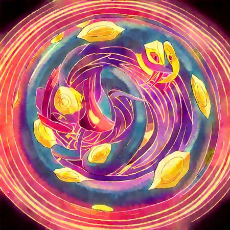 score_9, score_8_up, score_7_up, colored Mandala style, medium stylized pattern, (deep_purple base, black, red, and gold details), (glowing_golden_elements:1.2), Seviper, serpentine, vertical_figure_eight_pattern, intricate_design, symmetrical, traditional_mandala, luminous, mystical, highly_detailed, geometric_patterns, harmonious_composition, masterpiece, balanced, artistic, reverence, best quality, absurdres, highly detailed,