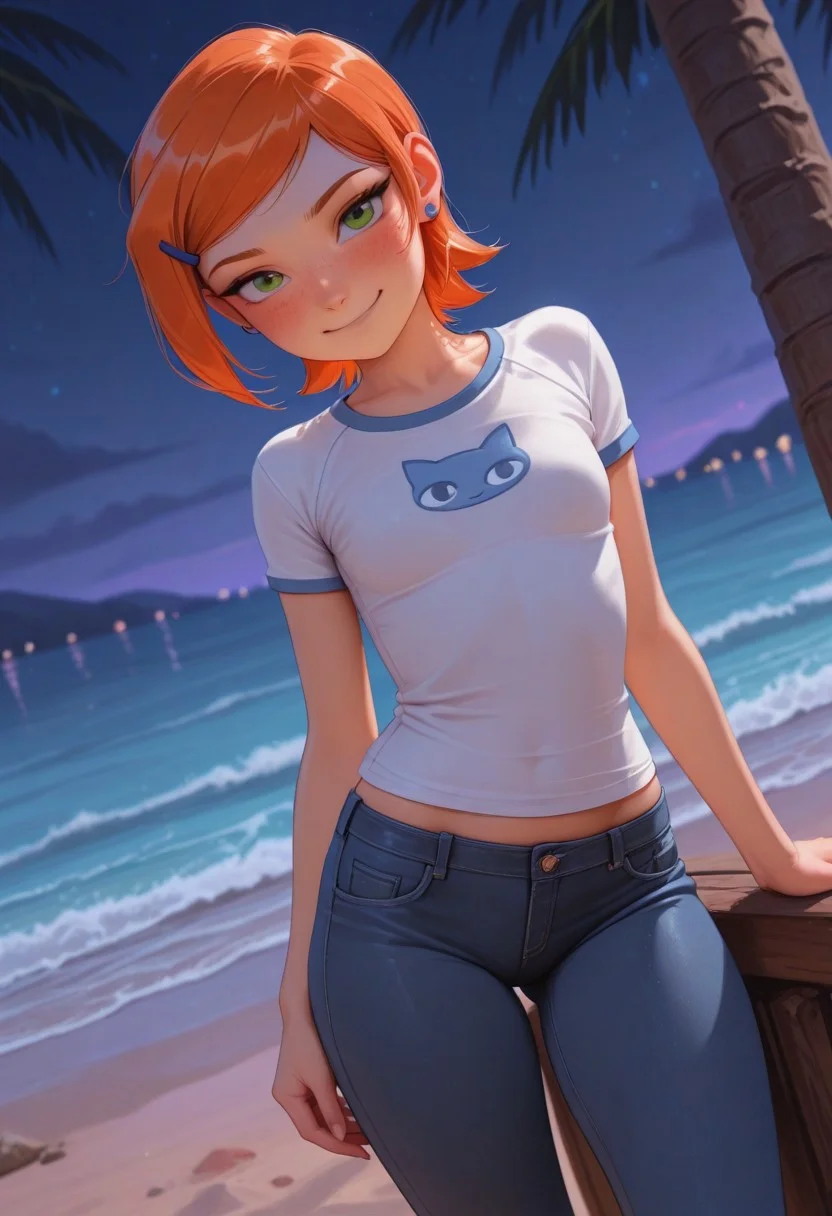masterpiece, best quality, good quality, very aesthetic, absurdres, newest, 8K, depth of field, focused subject, mythp0rt,
stylized, wabi sabi,
1girl, Gwendolyn_Tennyson, orange hair, short, hair, freckles, cute,
flirty eyes, sexy smile, blushing,
petite body, small waist, curvy, thighs, shapely legs,
small breasts,
tight jeans, tight t-shirt,
standing,
dynamic angle,
tropical beach, outdoors, night,