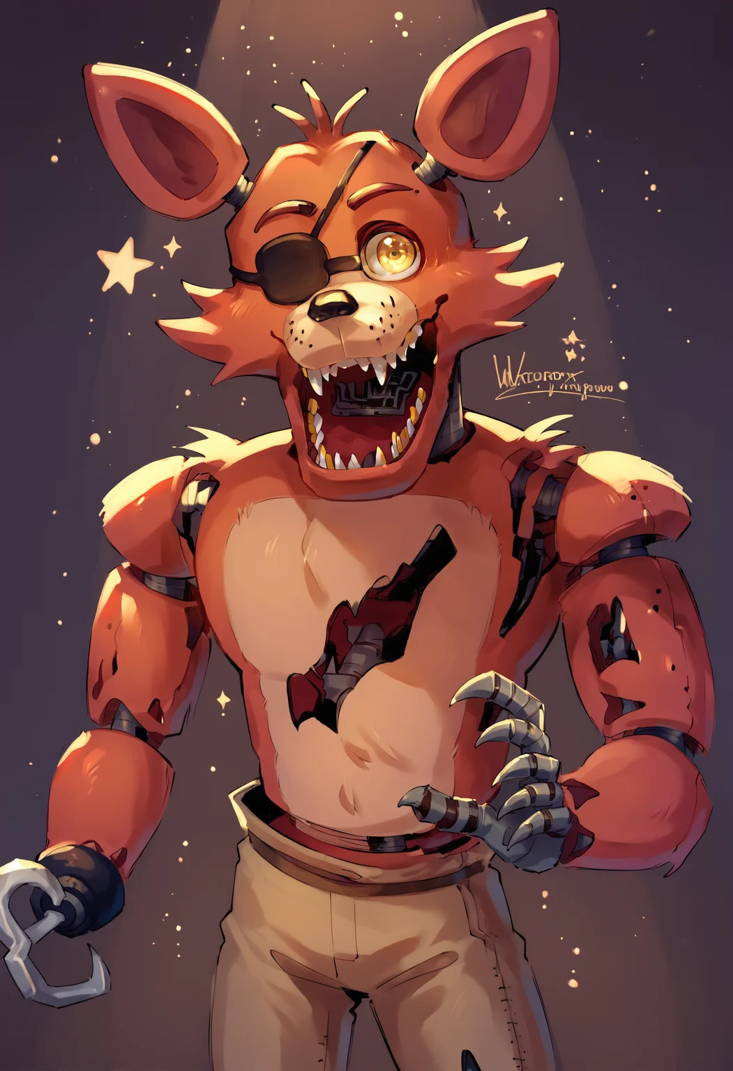 score_9, score_8_up, score_7_up, lots of details, highly detailed, FNaF, (foxy), animatronic, muscular, open mouth, dynamic pose, yellow eyes, cute, brown pants, looking at viewer, hook, eyepatch, red fox, dark background, light particles, detailed, detailed eyes, hires, spotlight, best quality <lora:Foxy:1>
