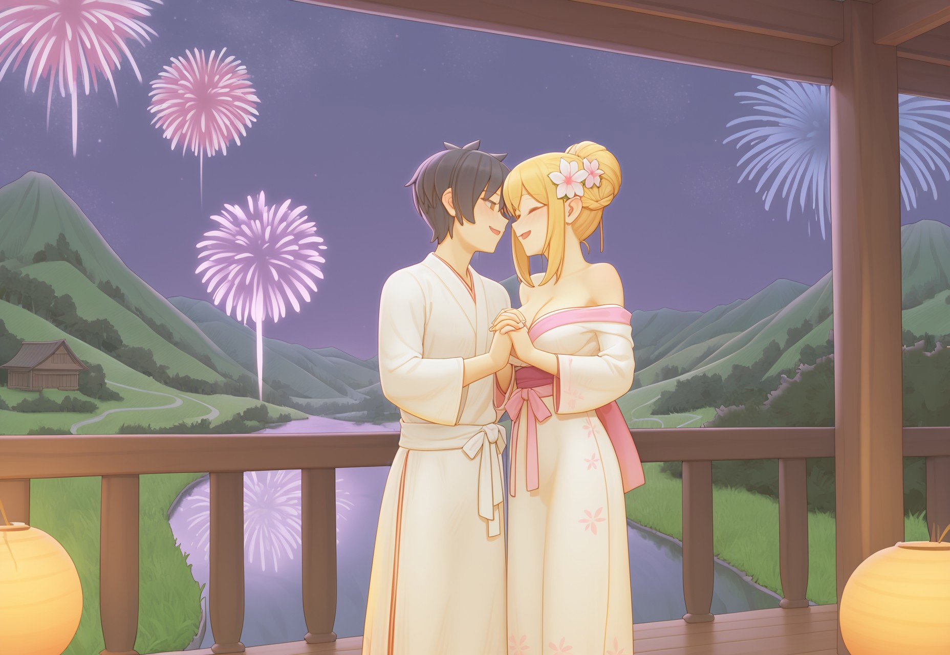 Looking at fireworks
BREAK
1girl, kimono dress, black hair, flower hair pin, beautiful, pretty, blushing, smiling, holding hands, looking at fireworks, standing together, 
BREAK
1man, kimono, well groomed, black hair, handsome, warm smile, looking at fireworks, holding hands, standing together
BREAK
Valentine’s Day, night, Japan, lake, fireworks in sky, beautiful fireworks, cherry blossom trees, fireworks focus, detailed fireworks
, ((masterpiece))   
<lora:bartolomeobari_h2_v1:1>