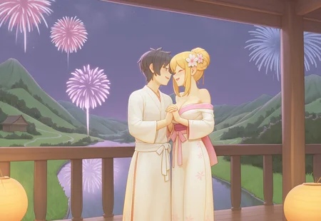 Looking at fireworks
BREAK
1girl, kimono dress, black hair, flower hair pin, beautiful, pretty, blushing, smiling, holding hands, looking at fireworks, standing together,
BREAK
1man, kimono, well groomed, black hair, handsome, warm smile, looking at fireworks, holding hands, standing together
BREAK
Valentine’s Day, night, Japan, lake, fireworks in sky, beautiful fireworks, cherry blossom trees, fireworks focus, detailed fireworks
, ((masterpiece))
<lora:bartolomeobari_h2_v1:1>