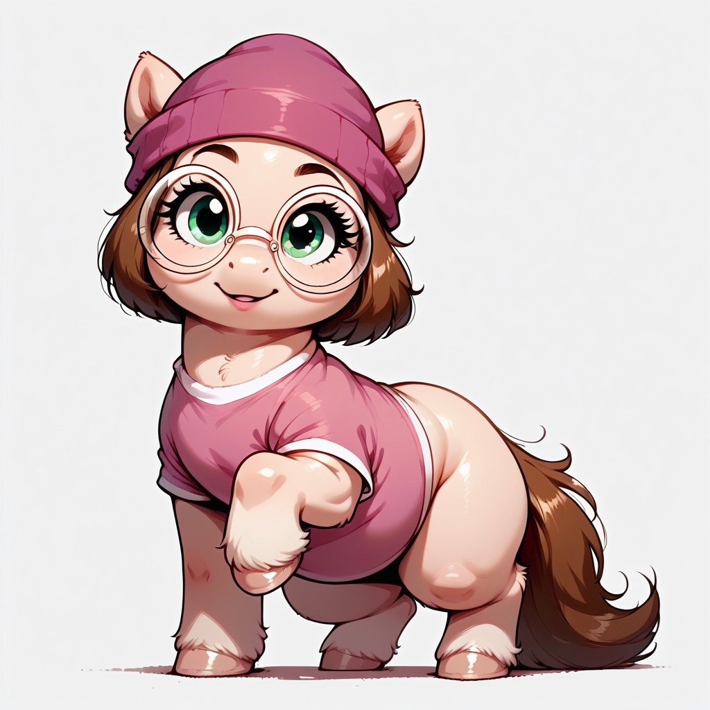 rating_questionable, score_9, score_8_up, score_7_up, ( pony:1.3), feral, Meg, looking at viewer, brown hair, round glasses, chubby, nerdy, clothed, cute pose, dynamic pose, full body, thighs, eyelashes, green eyes, tshirt,  beanie, detailed, realistic, BREAK, zPDXL3, MegaFluffyPony, fluffy, shiny