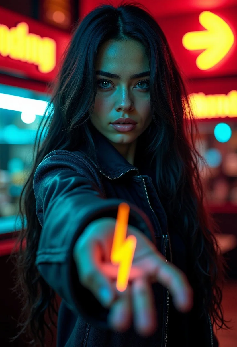 photograph of a Female Orion Smuggler Green skin and blue eyes with her long flowing black hair with blue highlights over her left shoulder wearing a weathered leather jacket holding out a lightning bolt logo towards the viewer, in a dimly lit jazz pub, shallow depth of field