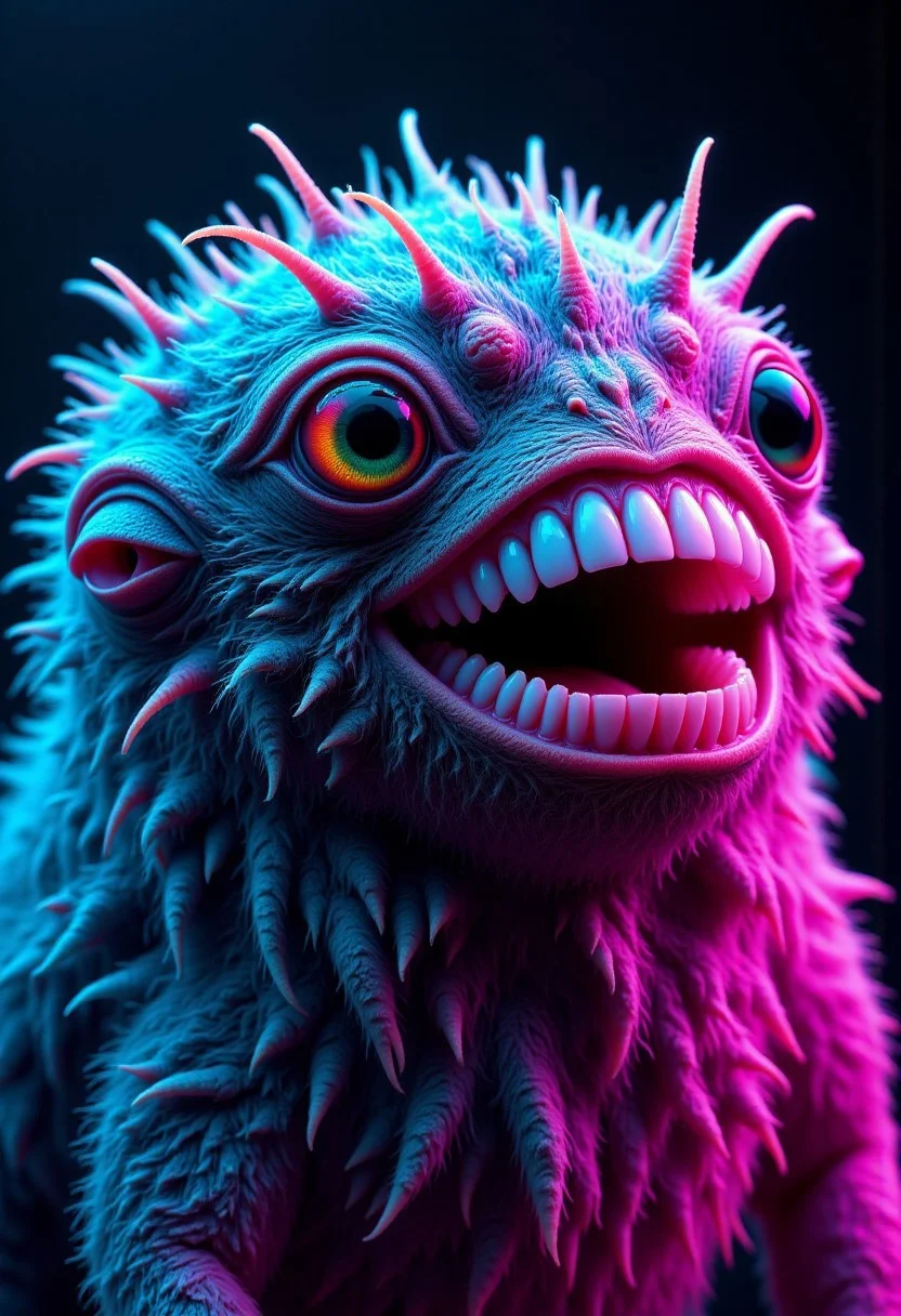 Professional photo of a weird creature with human teeth, neon light, lab context, lab experiment, frankenstein, furry, fur, big eyes, spooky, funny, weird, odd, strange, little companions