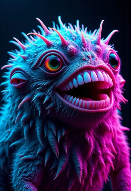 Professional photo of a weird creature with human teeth, neon light, lab context, lab experiment, frankenstein, furry, fur, big eyes, spooky, funny, weird, odd, strange, little companions