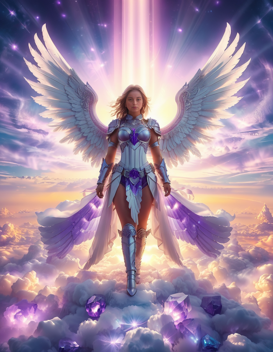 <lora:sky_t3mpl3:1>,cowboy shot,(looking at viewer:1.6),
A fierce warrior angel standing on clouds in front of a majestic celestial sky temple,sky t3mpl3.(arms behind back:1.3), She wears futuristic, sleek black armor with purple accents, blending fantasy and sci-fi elements. Her armor is adorned with glowing, purple gemstones at her chest and shoulders, radiating a soft light that matches the ethereal surroundings. Large, metallic angel wings with a high-tech design extend from her back, with white feathers and metallic frames, combining elegance with strength. She looks directly at the photographer with an intense, focused gaze, creating a powerful connection with the viewer. Behind her, the grand temple is made of gleaming, white stone and crystal pillars, floating among the clouds, illuminated by soft rays of heavenly light. The sky is filled with a soft pink and purple glow, casting a serene yet powerful atmosphere around this divine guardian.<lora:SDXLFaeTastic2400:0.4> <lora:extremely_detailed:0.4> extremely detailed,, Masterpiece,best quality,hi res,8k,hi res,8k,award winning,(sharp focus, intricate, highly detailed),