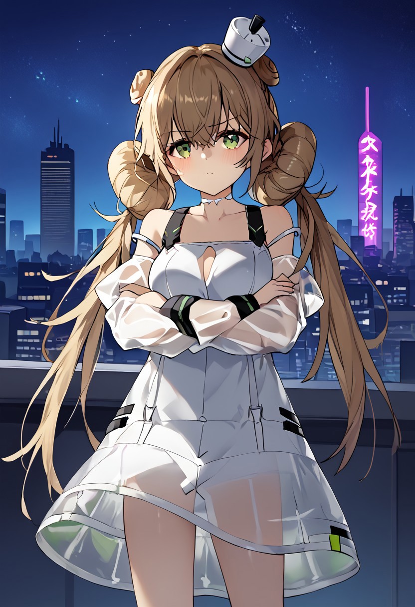 1girl, solo, highres, AlyconeEucharist, long hair, green eyes, bangs, hair bun, very long hair, double bun, twintails, brown hair, hair between eyes, blonde hair,
dress, bare shoulders, white dress, long sleeves, collarbone, see-through sleeves, clothing cutout, medium breasts, hat, see-through dress,
crossed arms, pout, blush,
looking at viewer, legs apart,
night, night sky, cityscape, neon lights, rooftop, backlighting, cyberpunk, science fiction,