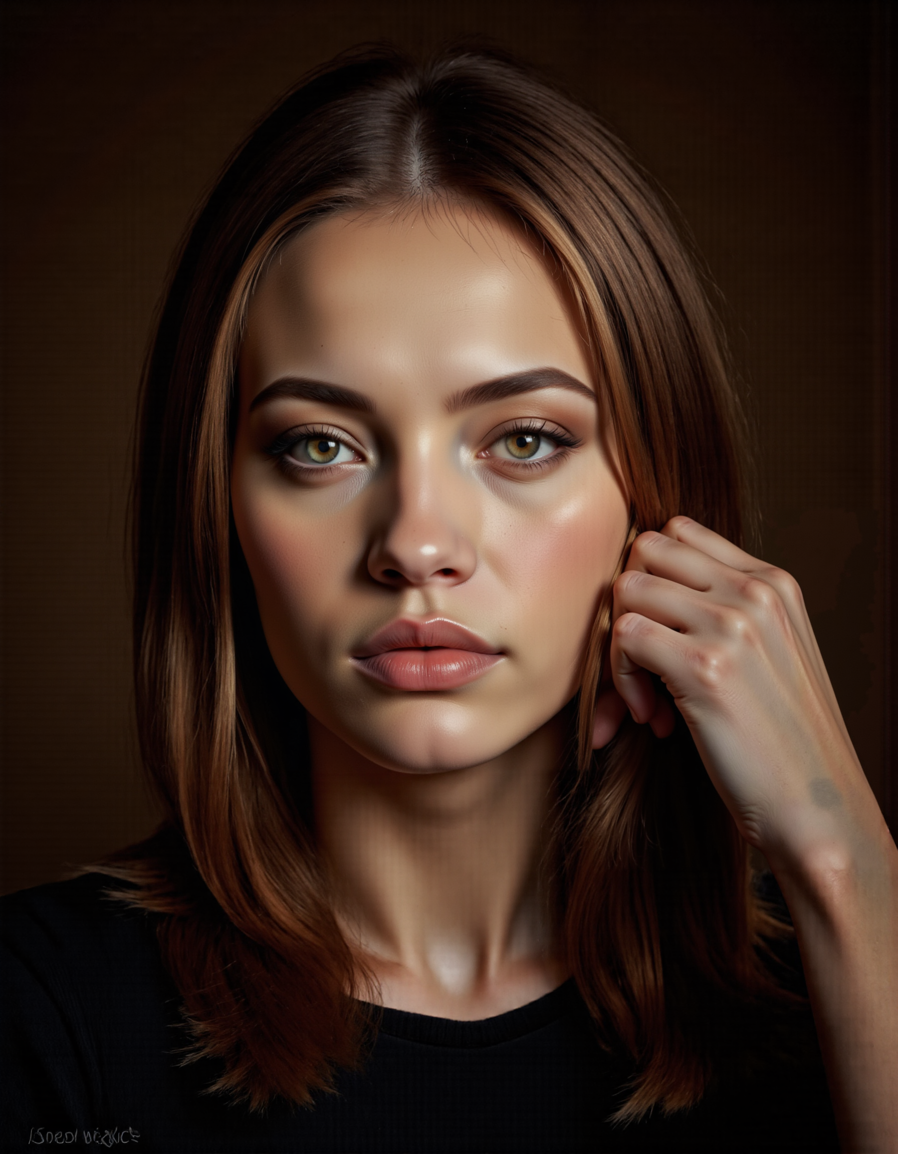 Rembrandt style <lora:seanarcher:1>, This is a high-resolution, professional portrait photograph of a woman, The photographer's name, Sean Archer, is subtly placed in the lower left corner., <lora:Guin-FluxX:0.7>, Guin, <lora:MysticXXX-V7:0.5> . Baroque, chiaroscuro, realistic, emotional, "flat lighting