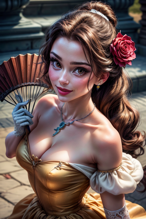 <lora:belle:0.6> belle, 1girl, solo, long hair, smile, brown hair, hair ornament, gloves, dress, bare shoulders, jewelry, flower, earrings, elbow gloves, hair flower, necklace, rose, hand fan, stairs (masterpiece:1.2), (best quality), (ultra detailed), (8k, 4k, intricate),(full-body-shot:1), (highly detailed:1.2),(detailed face:1.2), (detailed background),detailed landscape, (dynamic angle:1.2), (dynamic pose:1.2), <l <lora:more_details:1>