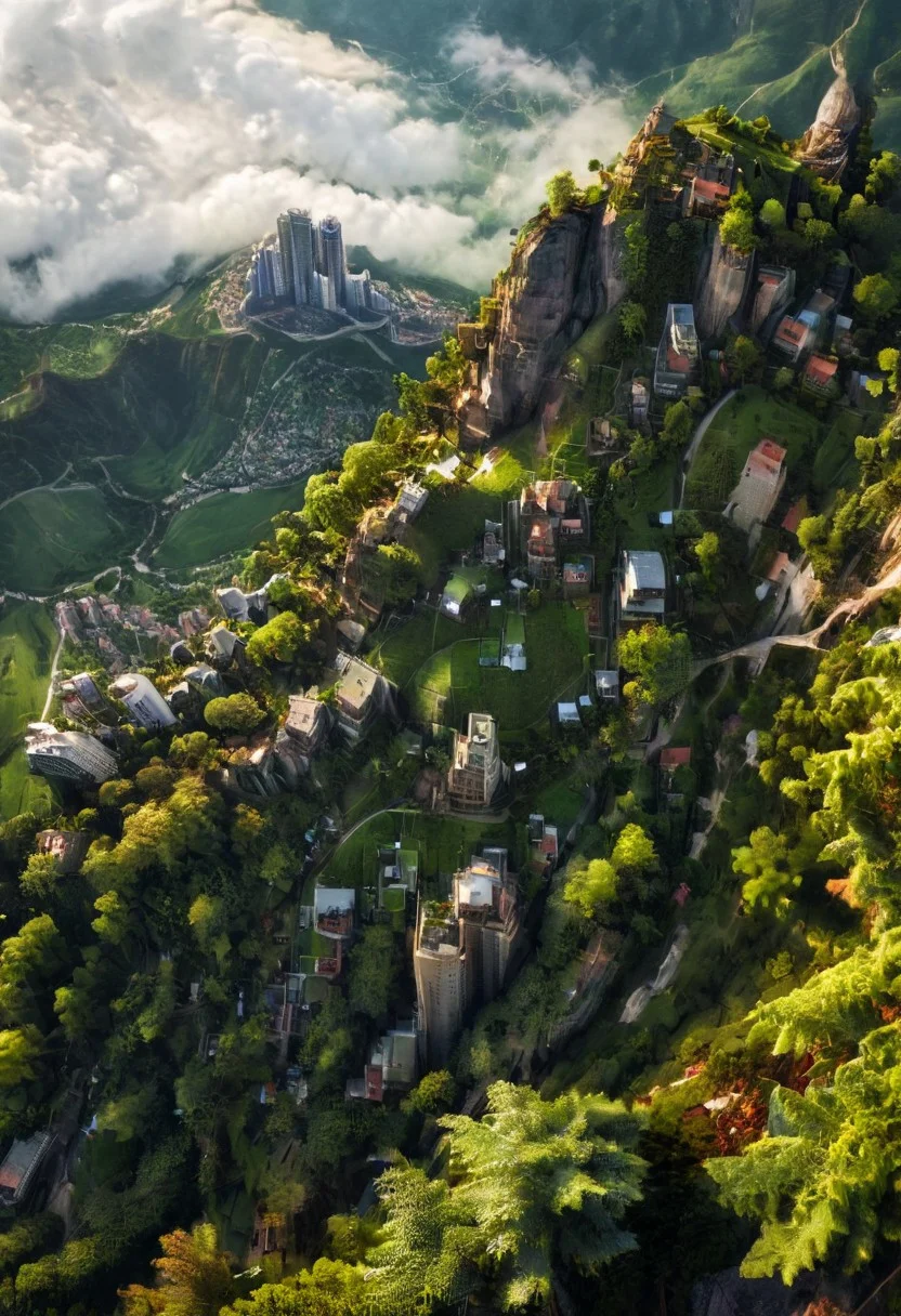 A high definition, high quality, realistic photograph of a cityscape completely integrated into nature on a mountainside, from the side, skyscraper, tree, detail, greenery, green space, cloud, detailxl