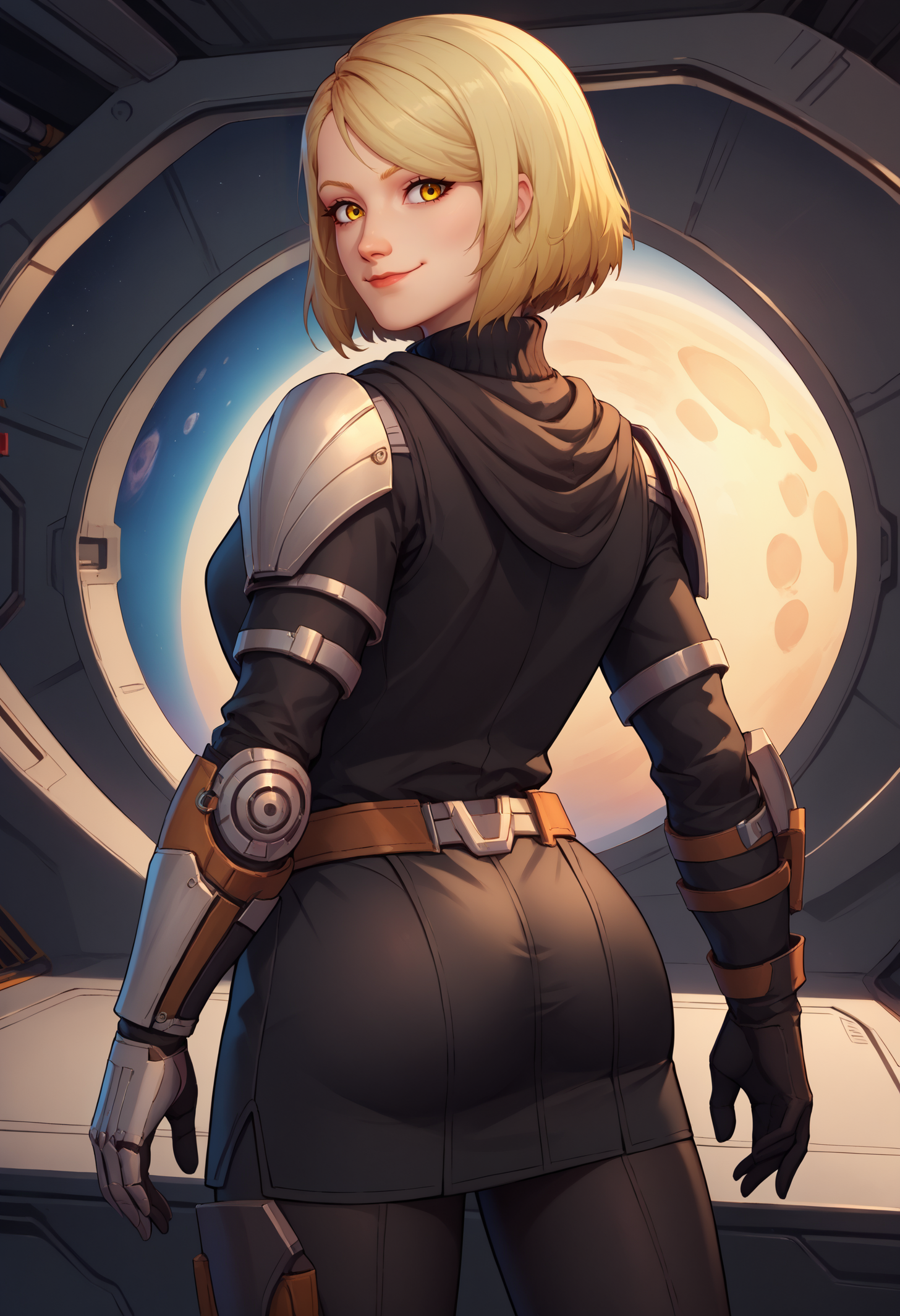 score_9, score_8_up, score_7_up, BREAK 1girl, solo, LanaBeniko, yellow eyes, medium hair, blonde hair, <lora:LanaBenikoPDXL_V1-Manityro-CAME:1.0>, indoors, space, spacecraft, science fiction, 
looking at viewer, looking back, rear view, smile, closed mouth, 
KotfeOutfit, turtleneck, scarf, shoulder armor, black sweater, long sleeves, asymmetrical gloves, belt, black skirt, black leggings,