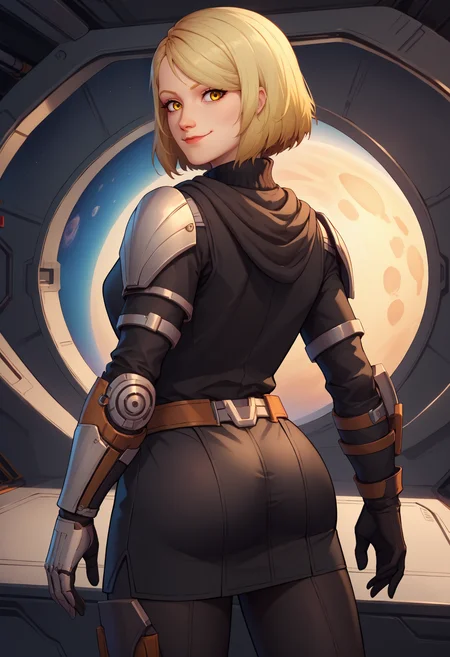 score_9, score_8_up, score_7_up, BREAK 1girl, solo, LanaBeniko, yellow eyes, medium hair, blonde hair, <lora:LanaBenikoPDXL_V1-Manityro-CAME:1.0>, indoors, space, spacecraft, science fiction, 
looking at viewer, looking back, rear view, smile, closed mouth, 
KotfeOutfit, turtleneck, scarf, shoulder armor, black sweater, long sleeves, asymmetrical gloves, belt, black skirt, black leggings,