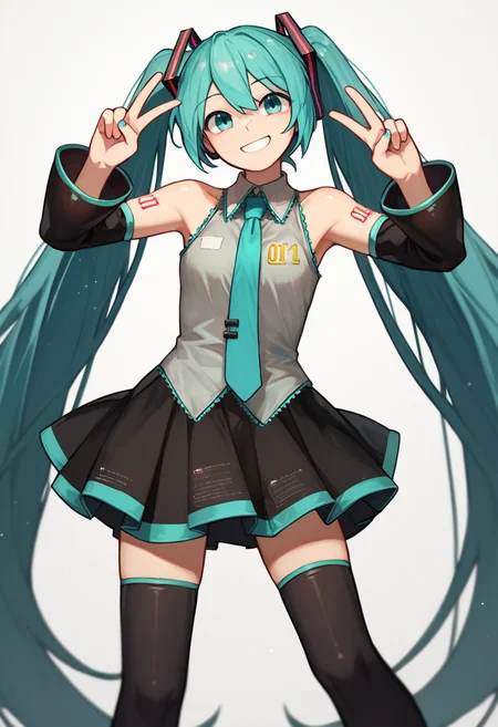 score_9, score_8_up, score_7_up, source_anime, simple background, white background, solo, 1girl, hatsune miku, smile, looking at viewer, standing, double v, aqua hair, twintails, aqua eyes, sleeveless shirt, aqua necktie, detached sleeves, black skirt, black thighhighs <lora:style_chocojax_ponyXL-000040:1>