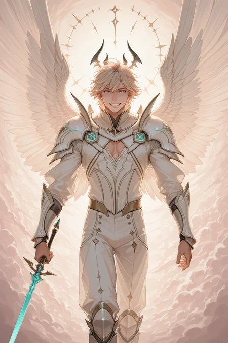 embedding:lazypos, in style of janfresh, 1boy, armor, weapon, looking at viewer, dynamic angle, wings, virtual youtuber, muscular,
smiling <lora:SplashCore_v1.0_-_Illustrious:1>
