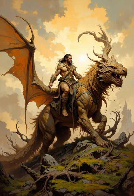 score_9, score_8_up, score_7_up, 8k high quality digital painting, masterpiece, very detailed, ultra realistic, (best quality) very detailed epic masterpiece, boris vallejo style, frank frazetta style, realistic oil painting, retro artstyle, full body, side view, backlight, we see a primeval muscular cave-man in fur clothing riding on a dragon-like monster, the monster has long fur hair, sundown, the setting sun casts long shadows, backlight, swampy landscape, fairytale-like, realistic detailed oil painting style Rembrandt style, Vermeer style, heroic fantasy, realistic, realism, full body