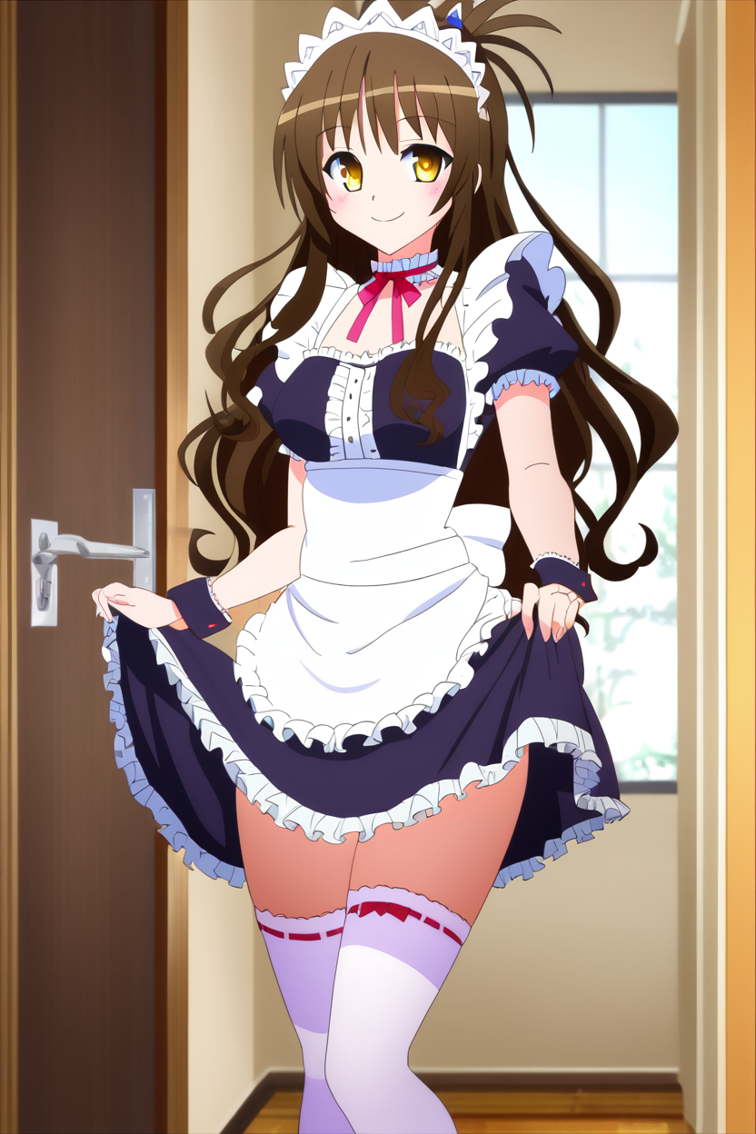 score_9, score_8_up, score_8, medium breasts, (curvy), cute, eyelashes,      ,,,  1girl, solo, long hair, blush, smile, skirt, brown hair, thighhighs, yellow eyes, clothes lift, apron, zettai ryouiki, wrist cuffs, maid, maid headdress, skirt lift, enmaided, door, yuuki mikan, looking at viewer, frills, choker, white thighhighs,  ,,, smile, looking at viewer,   ,,, <lora:ToLoveRu_Style_PDXL:1.0>,