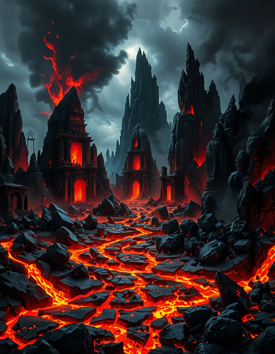 A terrifying and surreal depiction of the depths of Hell. The landscape is vast and nightmarish, filled with jagged obsidian cliffs, rivers of molten lava, and towering spires of blackened rock. The sky is a swirling vortex of crimson and black, illuminated by eerie, flickering flames. Chains dangle from massive, decaying arches, and tormented souls writhe in agony, their ghostly figures stretching toward the burning sky. Demonic creatures with twisted horns and glowing eyes lurk in the shadows, watching hungrily. The ground is cracked and scorched, exhaling thick plumes of sulfuric smoke. In the distance, a colossal, menacing throne made of skulls and bones looms over the infernal landscape, occupied by a shadowy, horned figure. The atmosphere is thick with despair, enhanced by a dramatic, chiaroscuro lighting effect that contrasts the deep shadows with the hellish glow of the flames. Hyper-realistic, highly detailed, dark fantasy style.
<lora:SDXLFaeTastic2400:0.4> <lora:extremely_detailed:0.4> extremely detailed,<lora:depths_of_h3ll:1>,depths of h3ll, Masterpiece,best quality,hi res,8k,hi res,8k,award winning,(sharp focus, intricate, highly detailed),