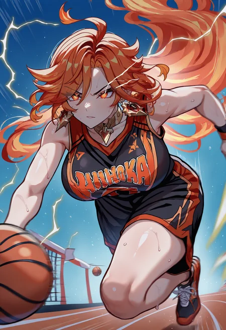 masterpiece, best quality, newest, absurdres, highres, basketball uniform, black uniform, motion lines, motion blur, 1girl, high ponytail, orange hair, symbol-shaped pupils, red eyes, large breasts, long hair, ahoge, jewelry, earrings, basketball, holding basketball, running, character name, eye trail, electricity, <lora:Mavuika_illusXL_Incrs_v1.1:0.8> Mavuika,