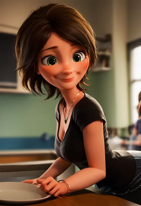 intricate details, score_9, score_8_up, score_7_up, score_6_up, score_5_up, source_anime, <lora:AuntCassBH6Pony1.0:1> auntcass, 1girl, brown hair, short hair, solo, black shirt, blurry background, bent over, taking dishes out of dishwasher, big breasts, side view, turned tward viewer, <lora:OtherStyle_03:0.5>, <lora:The_last_of_us_Style:0.3> <lora:pony_good_hands:1> good_hands, better_hands, 3D, cleavage, green eyes, bracelet, holding plate, smile, necklace, deep cleavage, small mouth