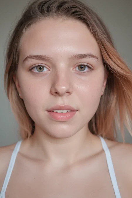 Generate a close-up image that captures an 18-year-old girl with rainbow-colored hair and a sweaty face, looking seductively and directly into the camera, wearing skimpy pink sportswear, perhaps after a strenuous workout or sports activity. <lora:epiCPhotoXL:1>