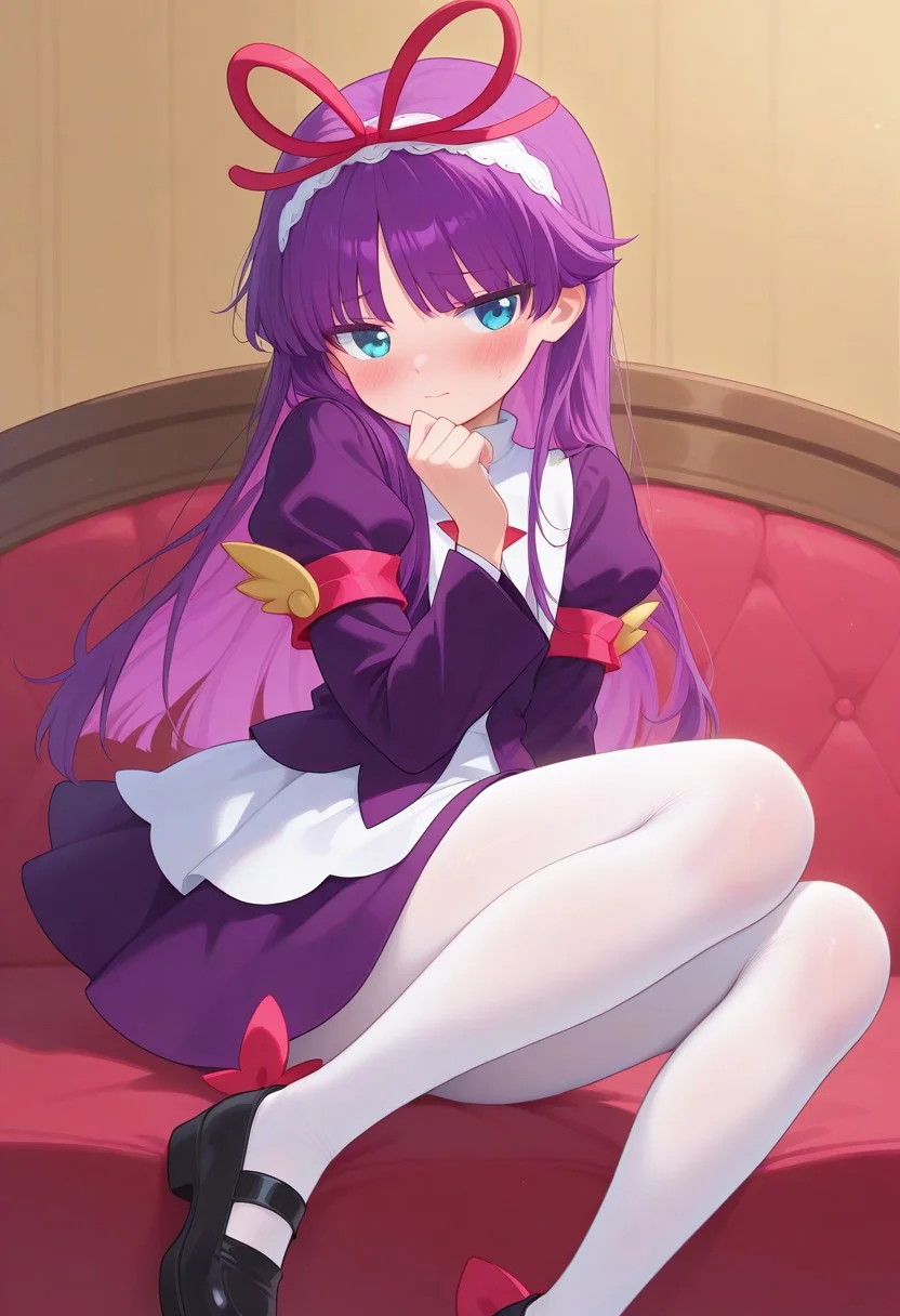 <lora:PFeli_SDXL_Illustrious01_fp16_ver01:1>,PFeli, 1girl, long hair,purple hair, white pantyhose, dress,red ribbon, blue eyes, black footwear, long sleeves, red bow, hairband, shy, blush, lovely, cute, adorable, newest, masterpiece, best quality, very aesthetic, absurdres,<lora:detailed_hands:1>,hand