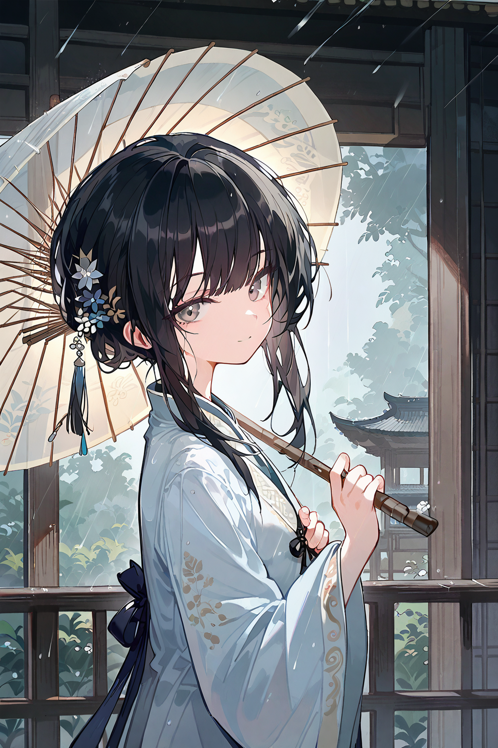 (score_9,score_8_up,score_7_up),<lora:mansui-v1:1>,hanfu,mansui,1girl,solo,umbrella,black hair,holding,long hair,holding umbrella,hair ornament,looking at viewer,smile,bangs,flower,chinese clothes,rain,hair flower,long sleeves,oil-paper umbrella,closed mouth,wide sleeves,grey eyes,upper body,jewelry,tassel,outdoors,railing,
good feet,anime,NSFW,expressive,amazing quality,ultra hd 32k,